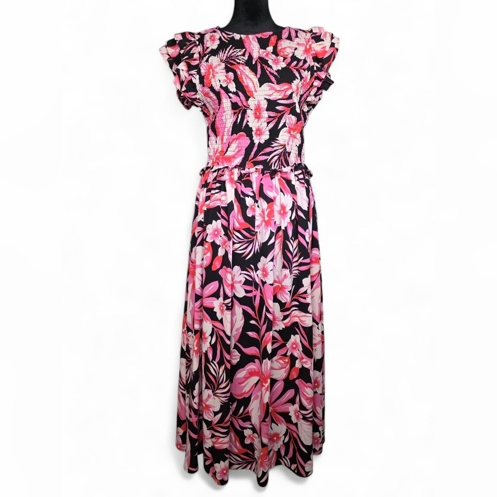 NWT Entro Smocked Hibiscus Floral Pink and Black Ruffle Cap Sleeve Dress Size M